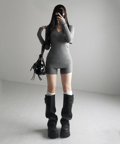 【 セットアップ 】ヘンリーネックスリムリブニットトップス＆ニットショートパンツ SET ／ henley neck slim rib knit tops ＆ knit short pants SET