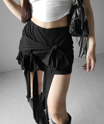 ダブルレイヤードリボンドレープミニスカパン ／ double layered ribbon draped mini skirt pants