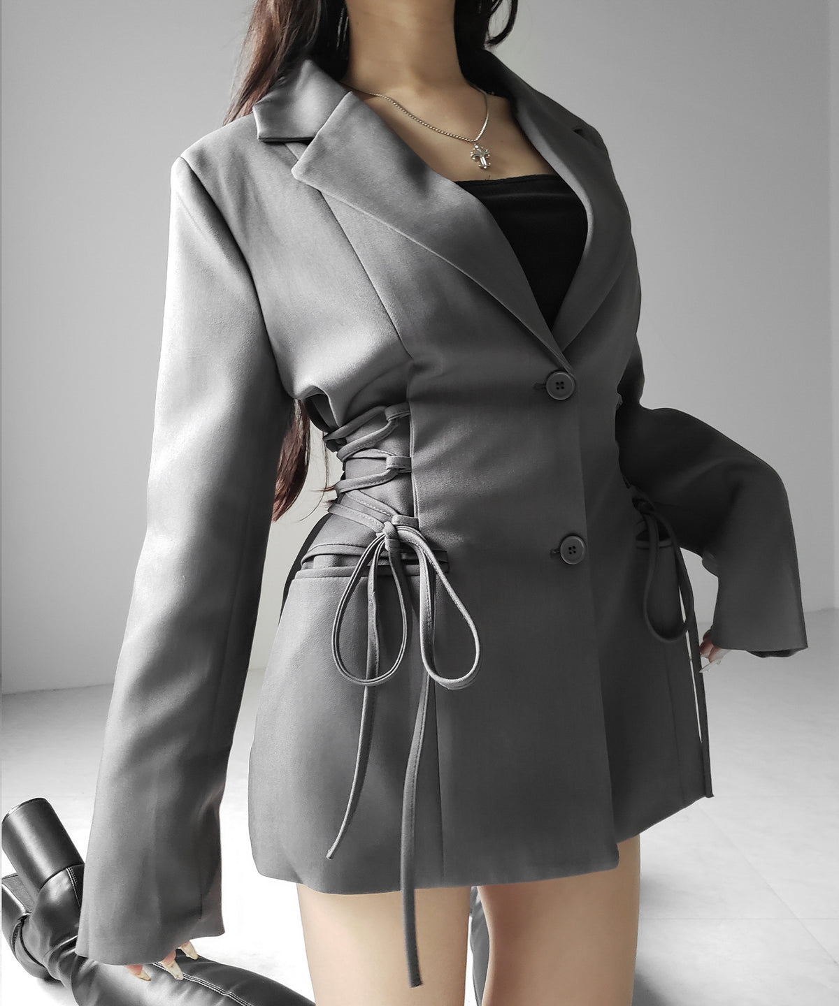 レースアップリボンスリムテーラードジャケット ／ lace-up ribbon slim tailored jacket