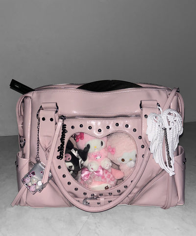 ハートクリアポケットスタッズフェイクレザートートバッグ ／ heart clear pocket studs fake leather tote bag
