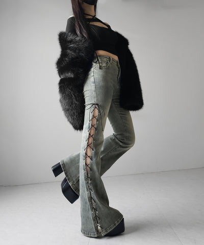 レースアップカットアウトストレッチフレアデニム ／ lace up cutout stretch flare denim