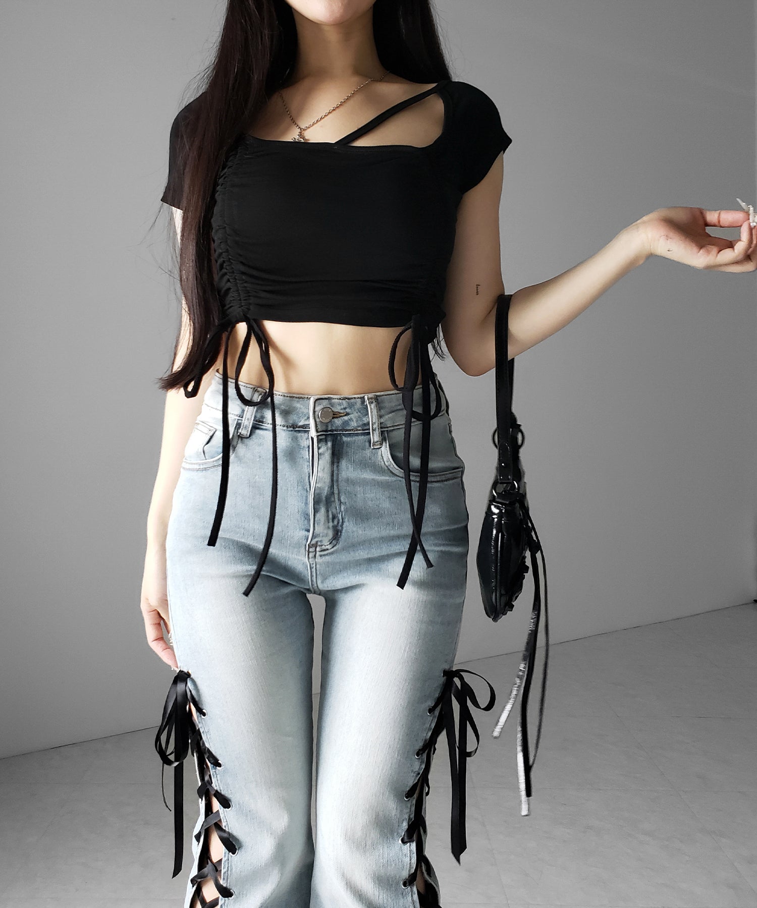 サテンリボンレースアップカットアウトストレッチフレアデニム ／ satin ribbon laceup cutout stretch flare denim