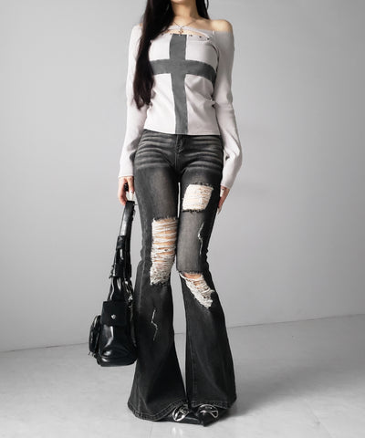 十字架ヴィンテージクロスオフショルスリムリブトップス ／ vintage cross offshoulder slim lib tops