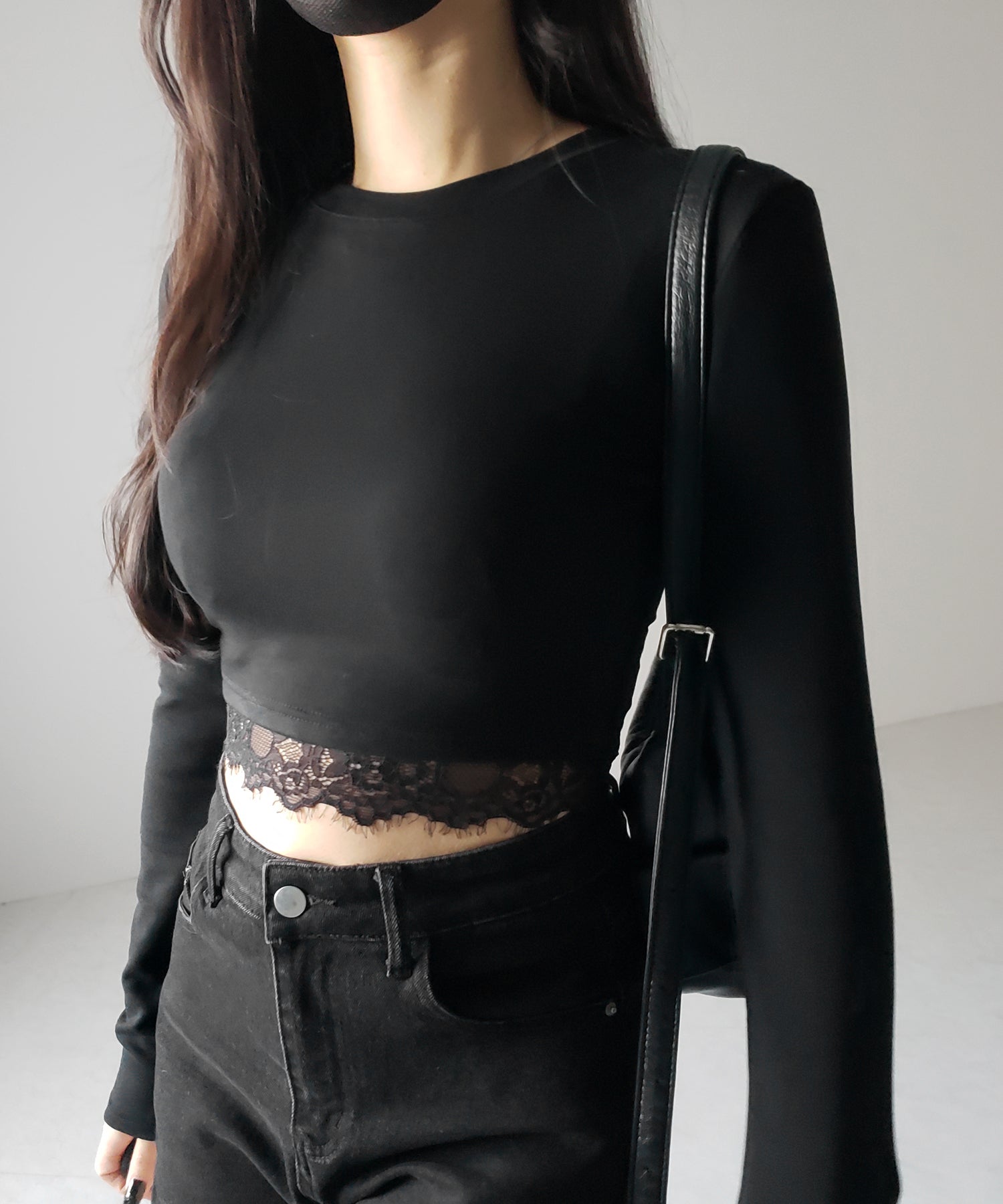 【 裏起毛 】裾レースドッキングショートＴシャツ ／ hem lace docking short Tee