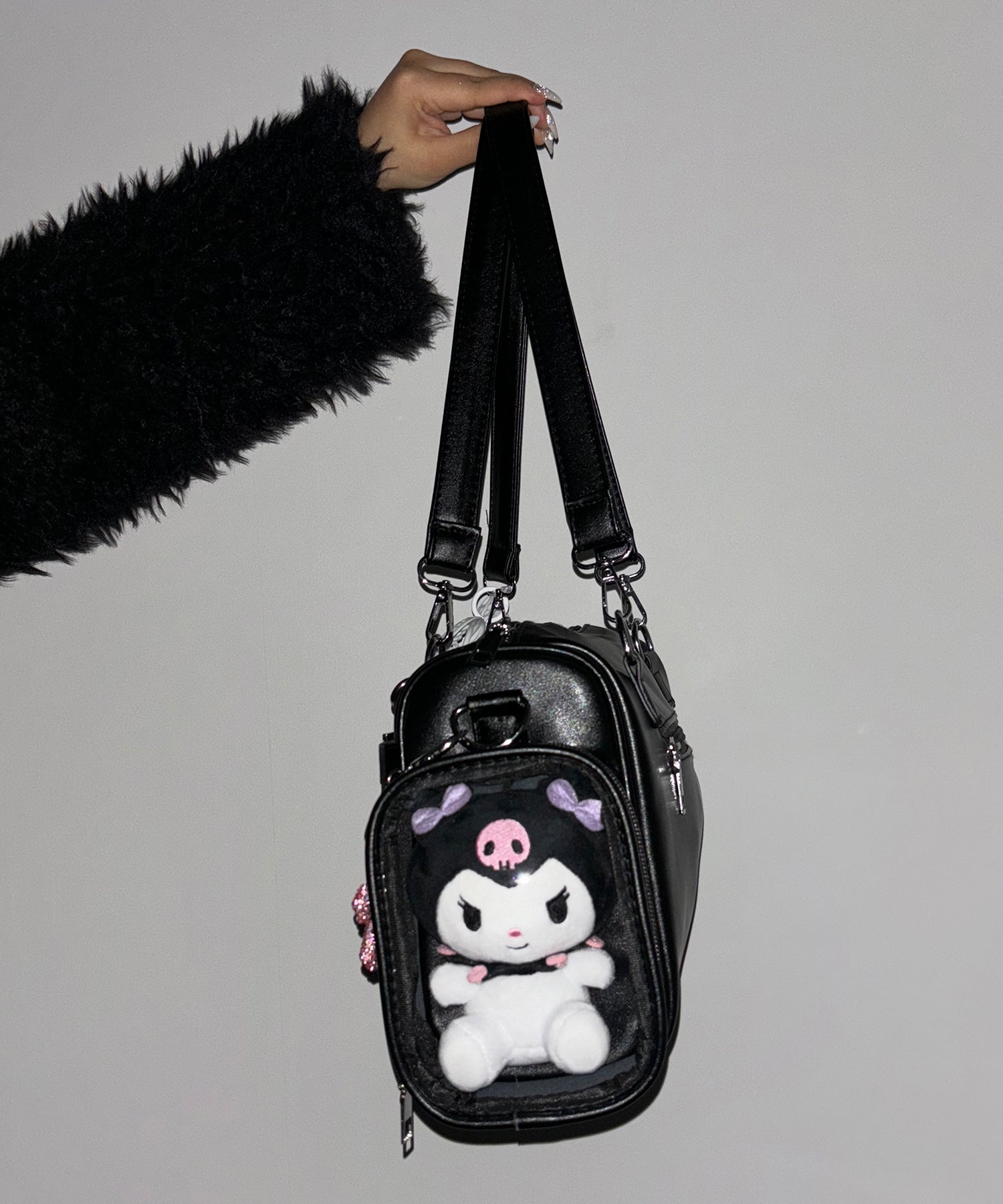 クリアポケット付きレタリング刺繍ショルダーバッグ ／ clear pocket lettering embroidery shoulder bag