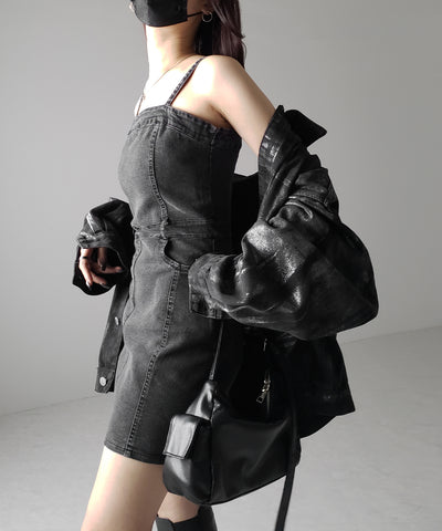 【 ２color 】ウォッシュデニムハイウエストミニキャミワンピース ／ wash denim high waist mini cami onepiece