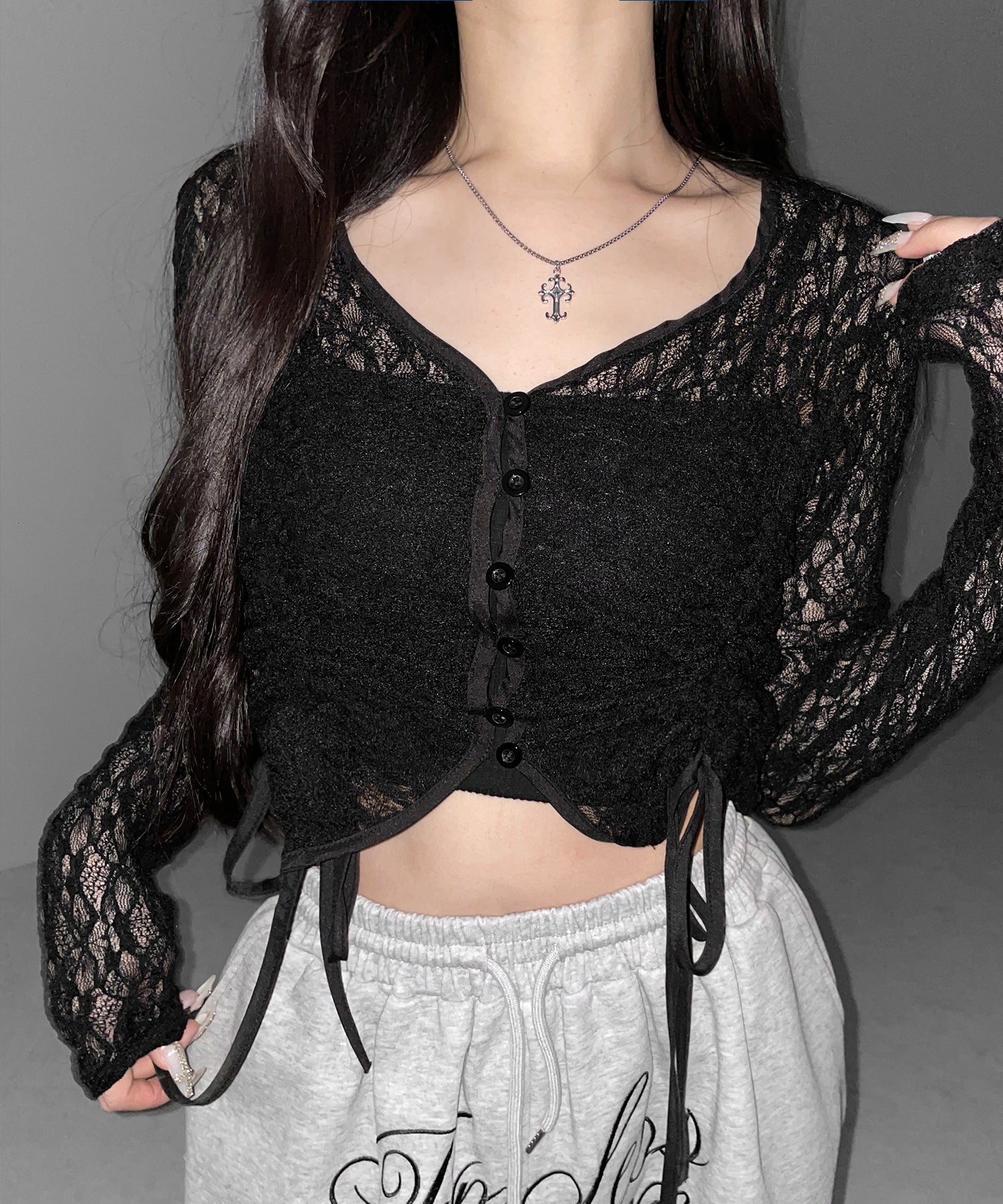 ダブルシャーリングショートレースカーディガン ／ double shirring short lace cardigan