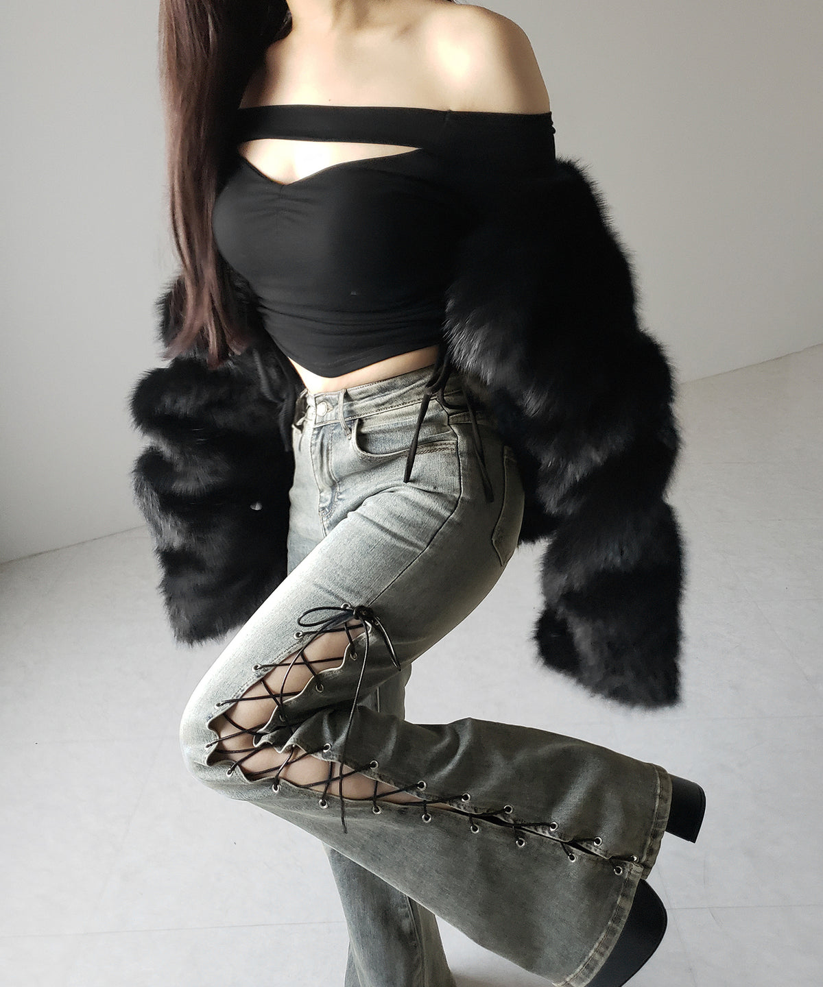 レースアップカットアウトストレッチフレアデニム ／ lace up cutout stretch flare denim