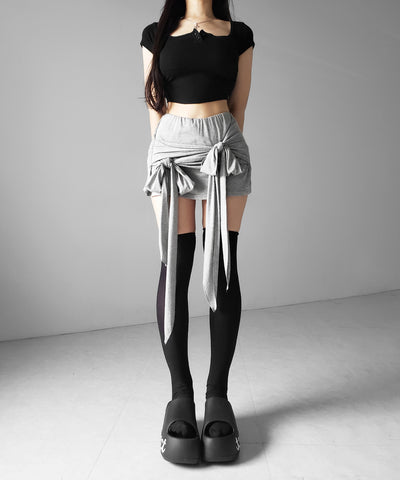 ダブルレイヤードリボンドレープミニスカパン ／ double layered ribbon draped mini skirt pants