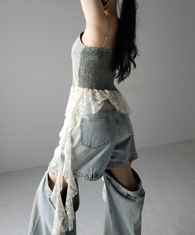【 ２color 】ヴィンテージライクレースフリルデニムビスチェ ／ vintage like lace frill denim bustier