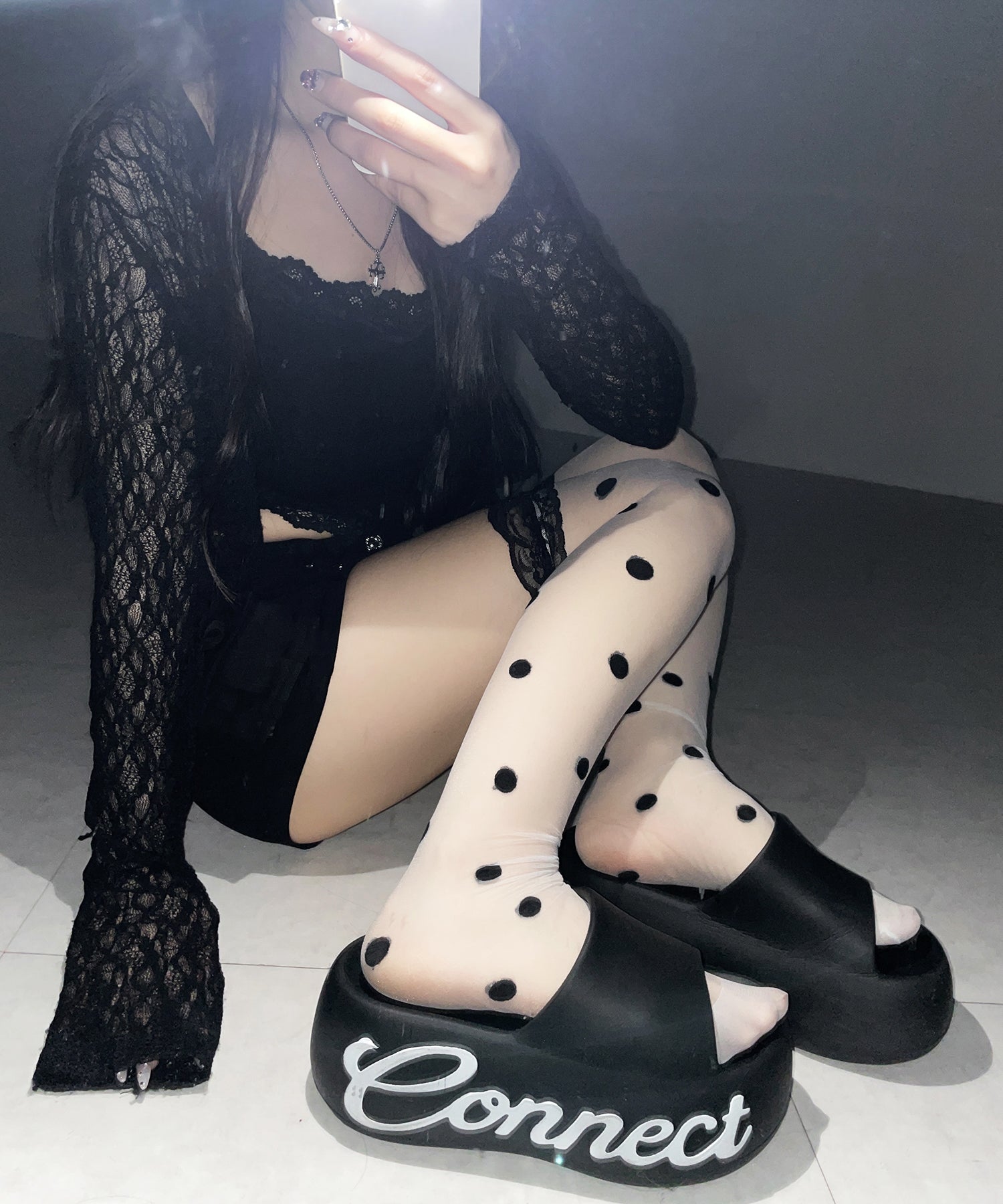 レースドットニーハイシアーハイソックス ／ lace dot knee high sheer high socks