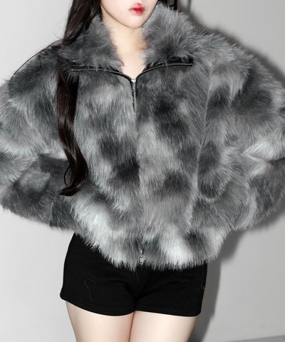 ダブルジップスタンドカラーニュアンスファージャケット ／ double zip stand collar nuance fur jacket