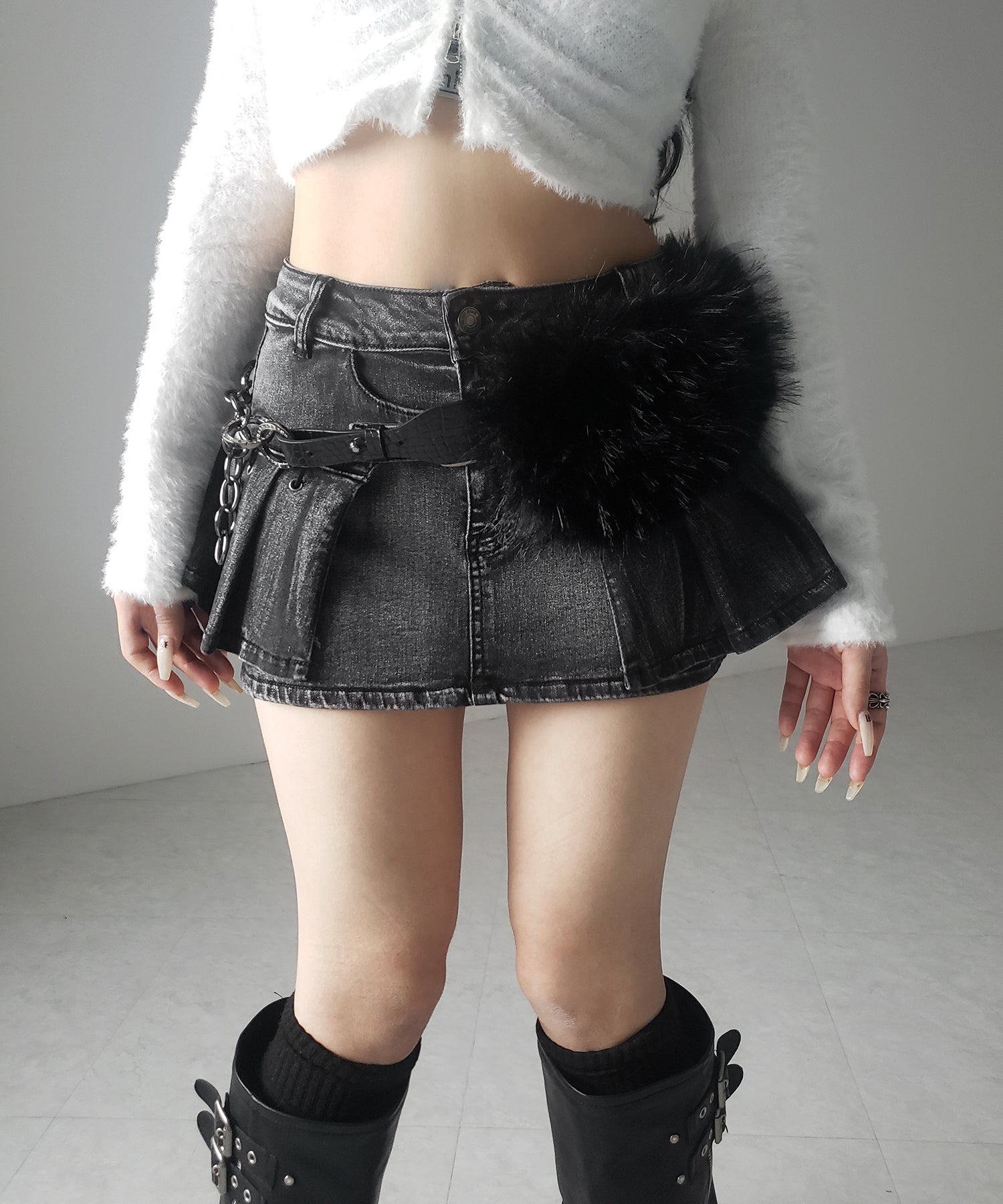 【 インパン裏地付 】ベルテッドマイクロプリーツデニムミニスカパン ／ belted micro pleats denim skirt pants