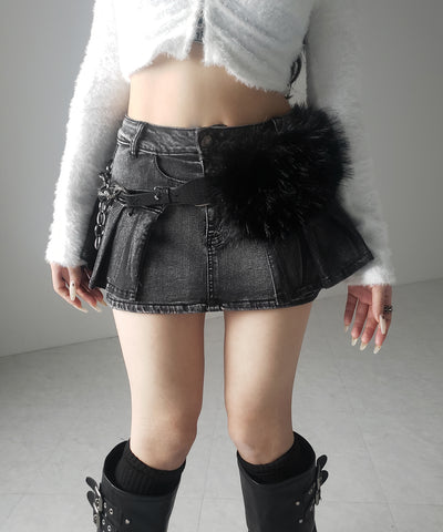 【 インパン裏地付 】ベルテッドマイクロプリーツデニムミニスカパン ／ belted micro pleats denim skirt pants