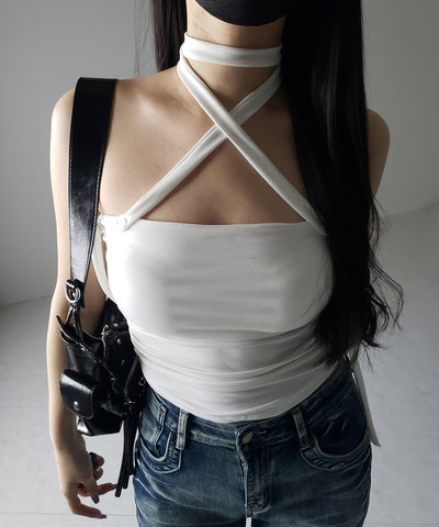 【 ３color ／ カップ付 】ロングチョーカークロスネックキャミソール ／ long choker cross neck camisole