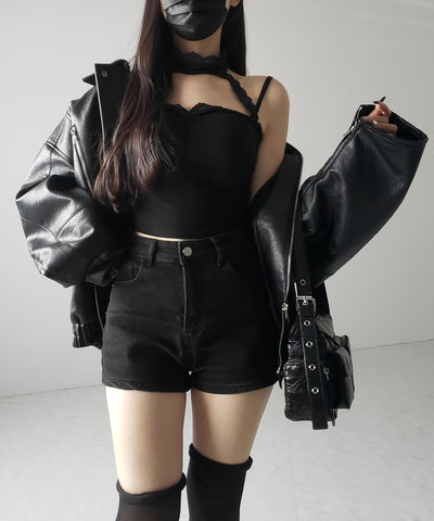【 ２color ／ カップ付 】レースチョーカーストラップリブキャミソール ／ lace choker strap lib camisole
