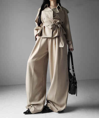 【 上下セットアップ 】ウエストマークショートトレンチコート ＋ タックワイドスラックスパンツ SETUP ／ Waist-mark short trench coat + tuck wide slacks pants