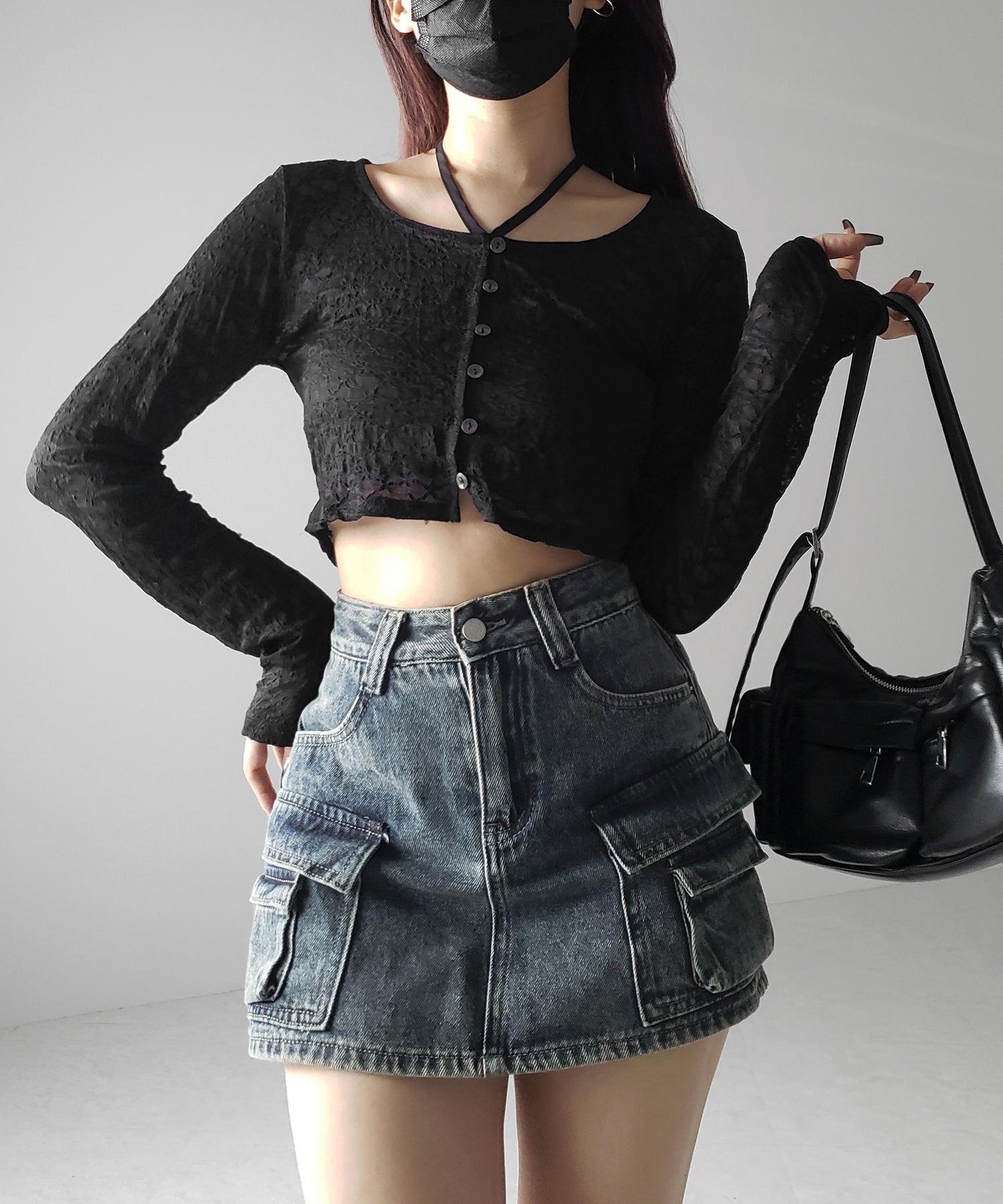 【 ３size ／ ２color 】ダブルポケットヴィンテージカーゴデニムミニスカパン ／ double pocket vintage cargo denim mini skirt pants