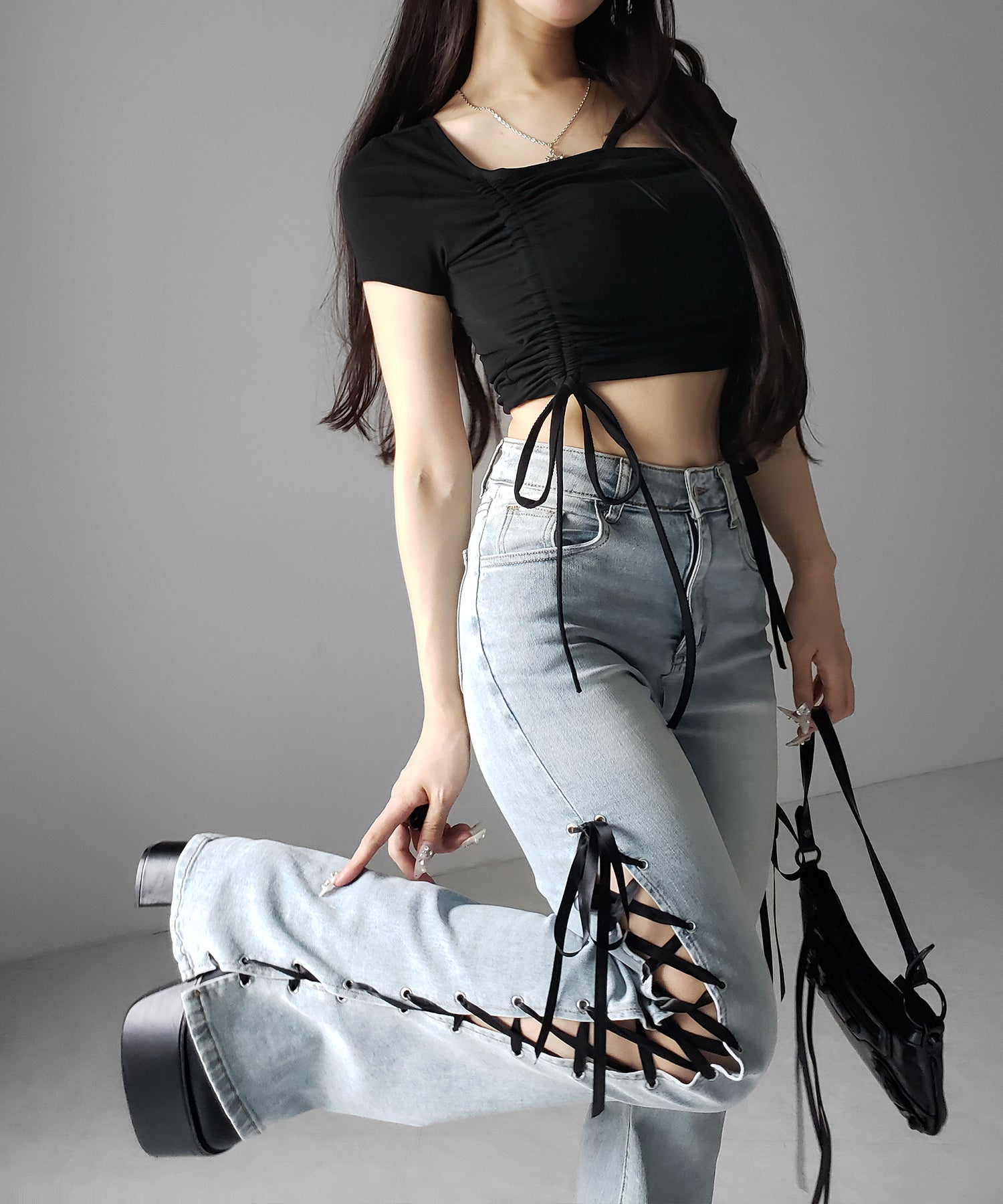 サテンリボンレースアップカットアウトストレッチフレアデニム ／ satin ribbon laceup cutout stretch flare denim