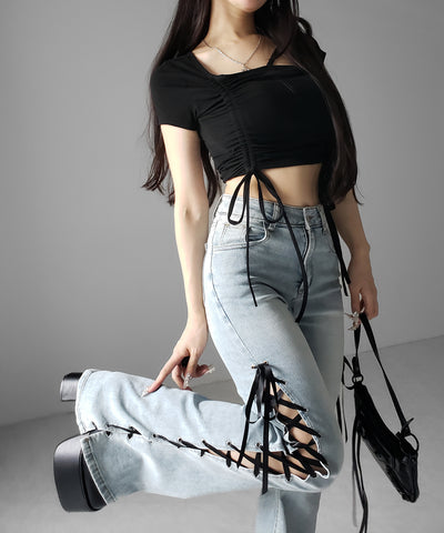サテンリボンレースアップカットアウトストレッチフレアデニム ／ satin ribbon laceup cutout stretch flare denim