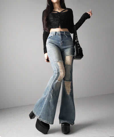 クラッシュダメージヴィンテージフレアデニム ／ crush damage vintage flare denim