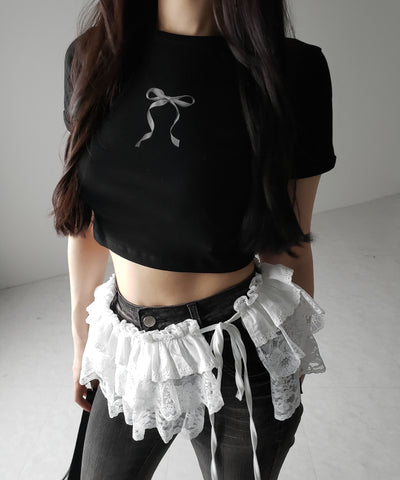 【 ２color 】ストラップリボンレースフリルミニ巻きスカート ／ strap ribbon lace frill mini wrap skirt