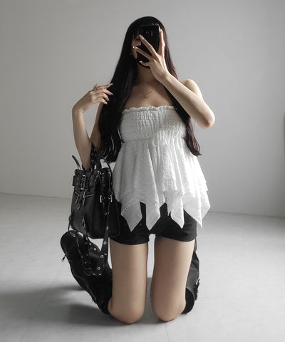 【 トップスとしても使える２WAY 】シャーリングリボンフリルビスチェミニスカート ／ shirring ribbon frill bustier mini skirt