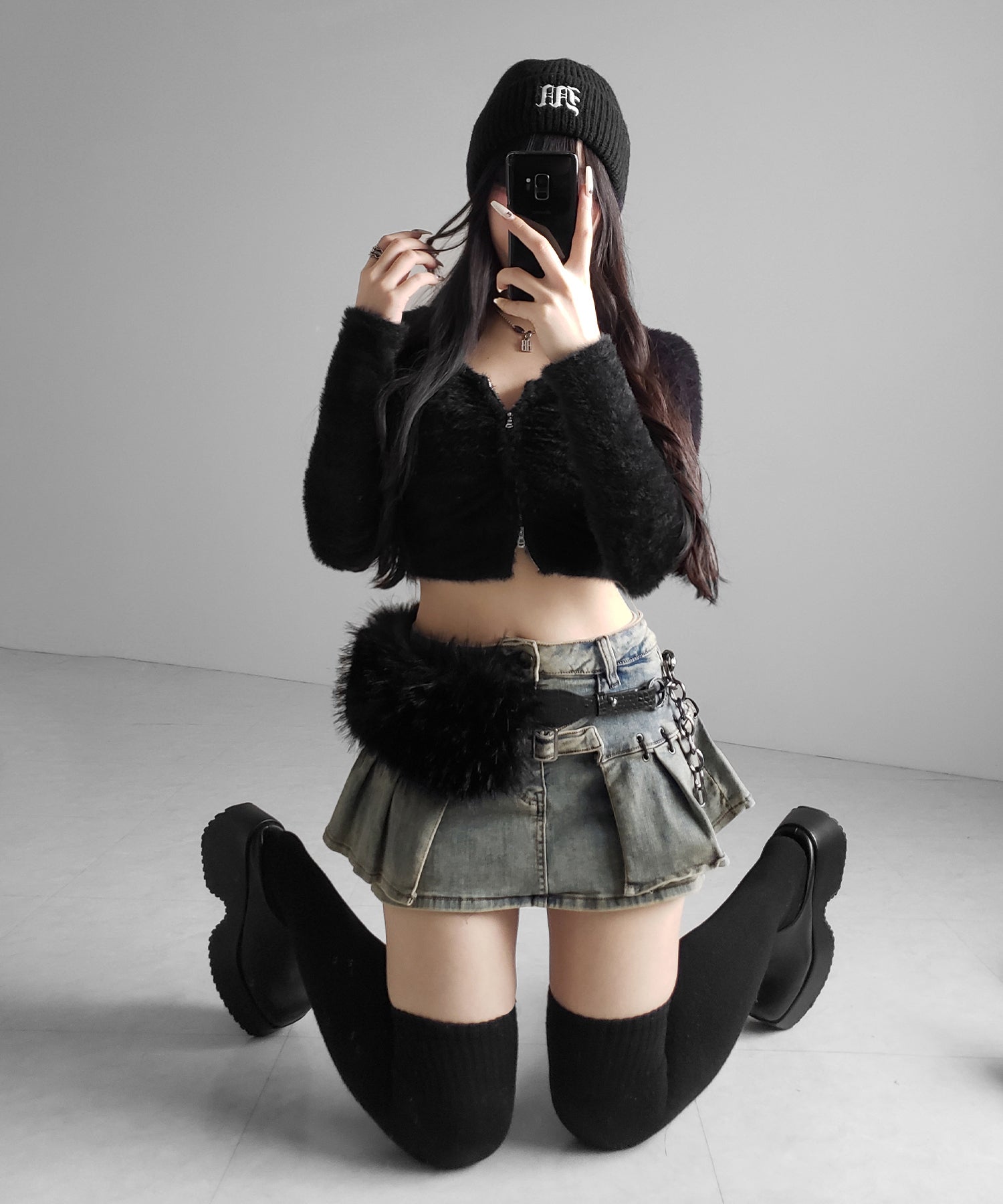【 インパン裏地付 】ベルテッドマイクロプリーツデニムミニスカパン ／ belted micro pleats denim skirt pants