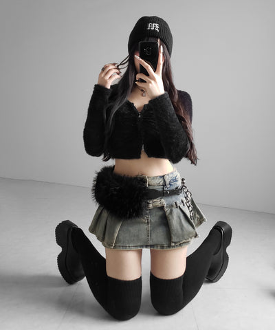 【 インパン裏地付 】ベルテッドマイクロプリーツデニムミニスカパン ／ belted micro pleats denim skirt pants