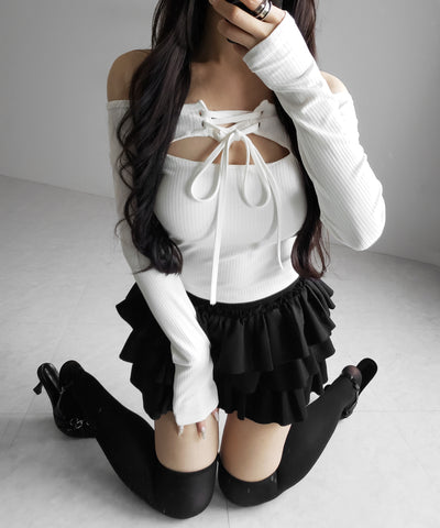 レースアップリボンカットアウトオフショルリブロンT ／ lace up ribbon cutout offshoulder ribbed long T-shirt
