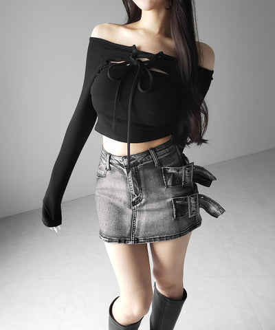 【 インパン裏地付 】ダブルハトメベルトヴィンテージデニムミニスカート ／ Double eyelet belt vintage denim mini skirt