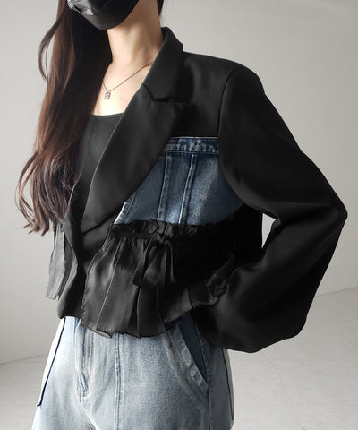 デニムフリルドッキングショートテーラードジャケット ／denim frill docking short tailored jacket