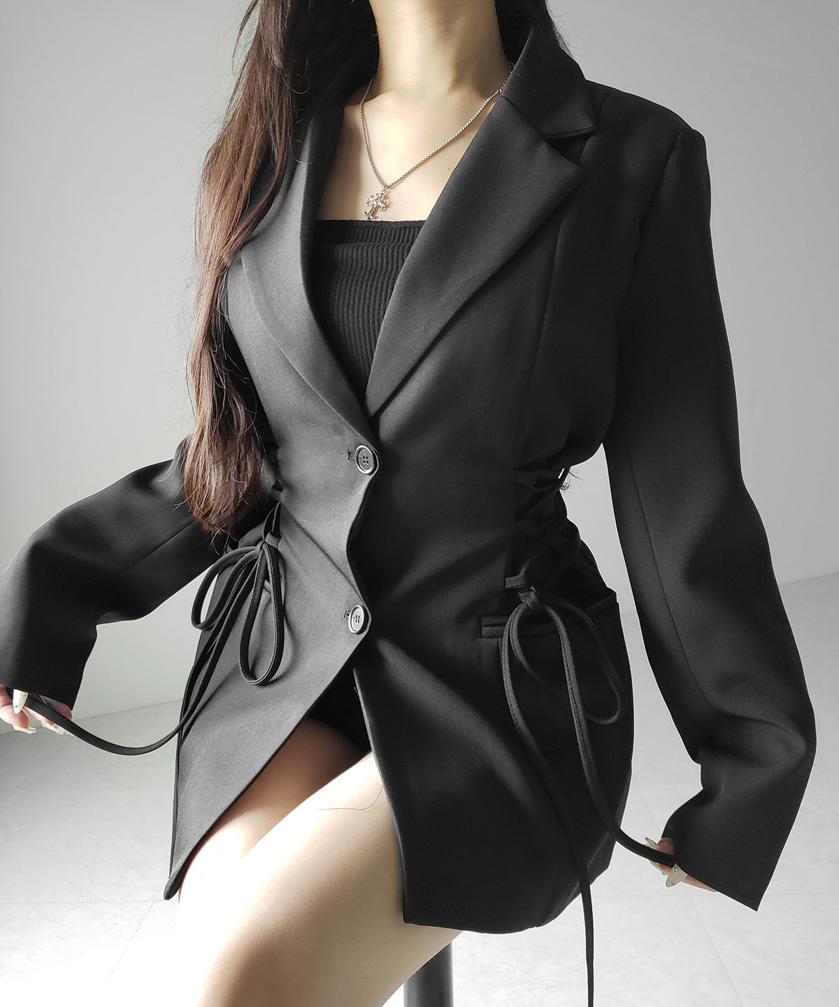 レースアップリボンスリムテーラードジャケット ／ lace-up ribbon slim tailored jacket
