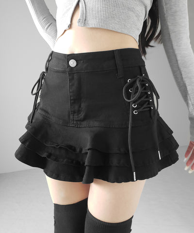 【 インパン裏地付 】レースアップブラックフリルミニスカート ／ laceup black frill mini skirt