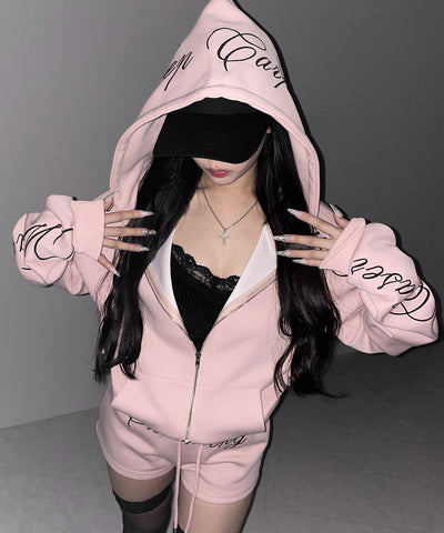 【 セットアップ 】レタリングロゴ刺繍ジップアップパーカー＆ショートパンツ ／ lettering logo embroidery zip-up hoodie ＆ short pants SETUP