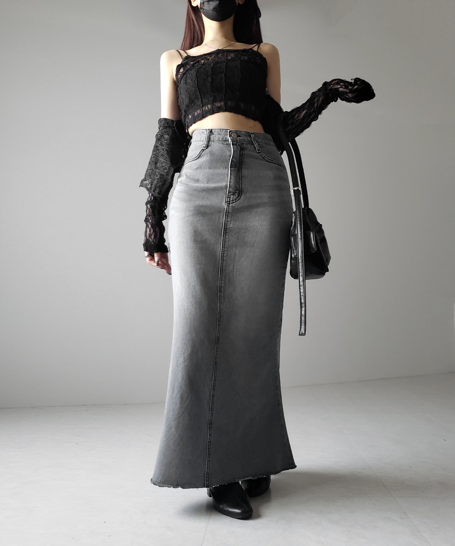 【 ３size 】深スリットダメージデニムロングマーメイドスカート ／ deep slit damage denim long mermaid skirt