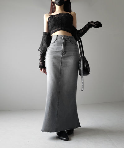 【 ３size 】深スリットダメージデニムロングマーメイドスカート ／ deep slit damage denim long mermaid skirt