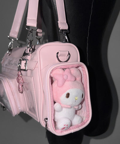 クリアポケット付きレタリング刺繍ショルダーバッグ ／ clear pocket lettering embroidery shoulder bag