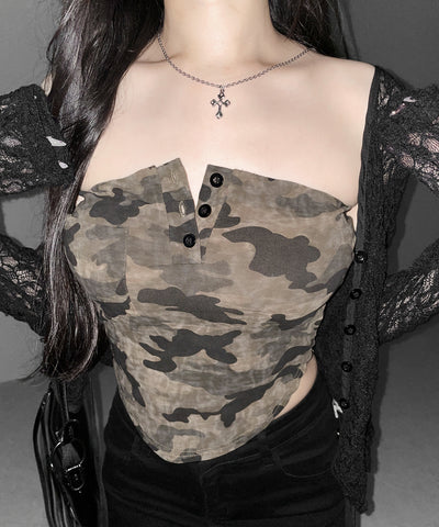 ヴィンテージカモフラ迷彩ヘンリーネックベアトップ ／ vintage camouflage henly neck bare top