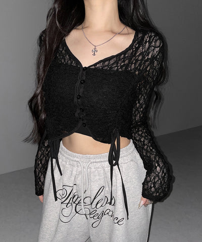 ダブルシャーリングショートレースカーディガン ／ double shirring short lace cardigan
