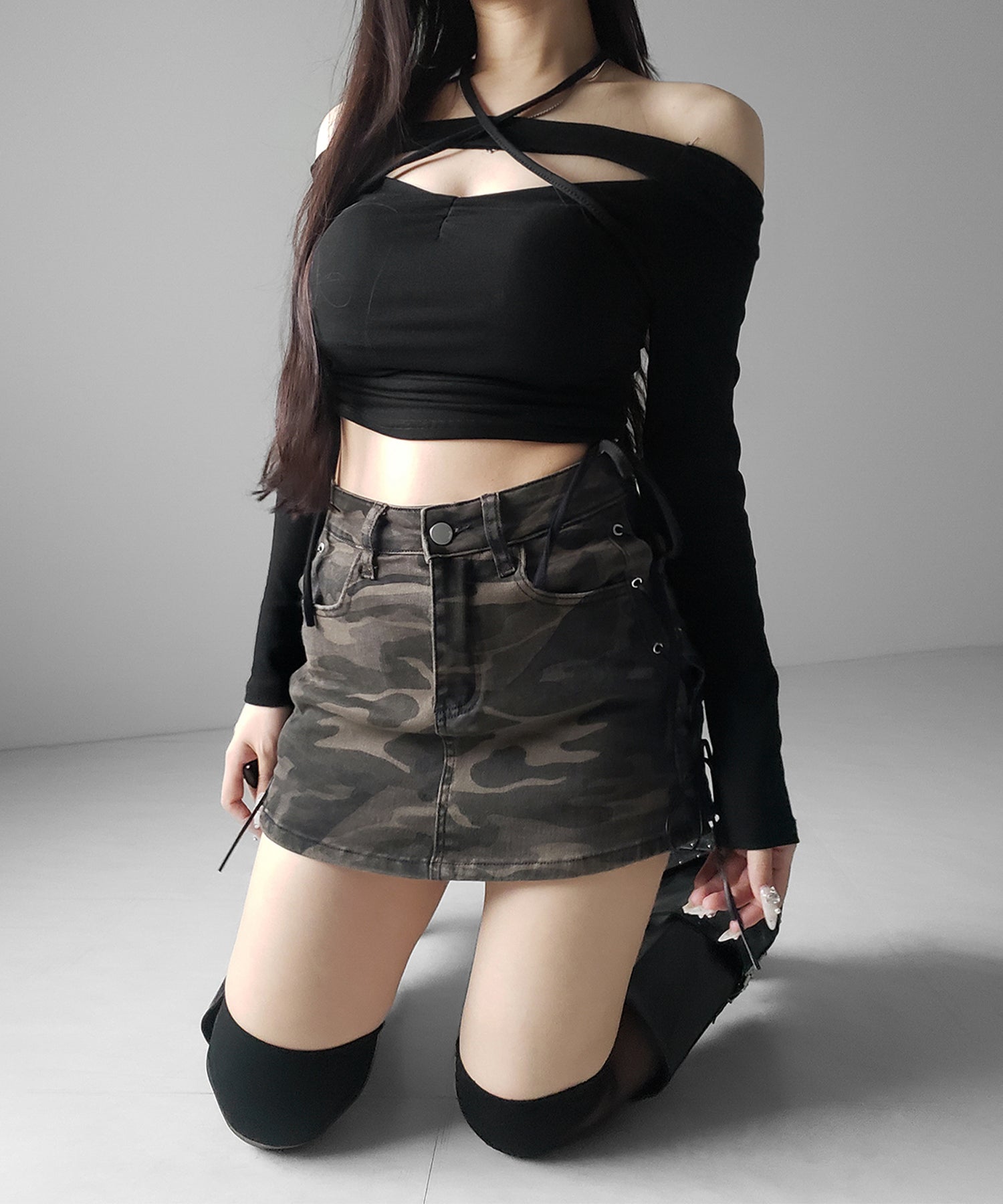ヴィンテージカモフラレースアップデニムミニスカパン ／ vintage camouflage lace up denim mini skirt pants