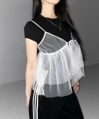 フロントリボンチュールキャミソール ／ front ribbon tulle camisole