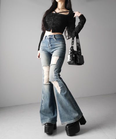 クラッシュダメージヴィンテージフレアデニム ／ crush damage vintage flare denim