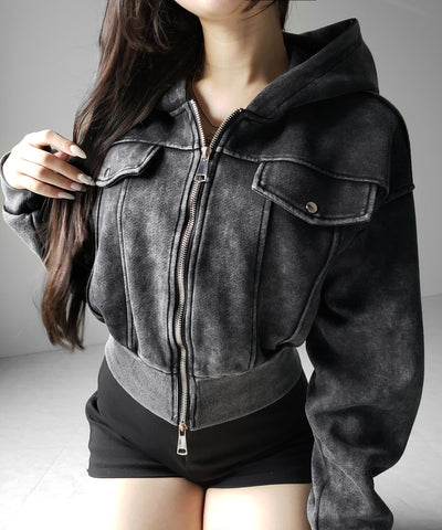 ピグメントダブルジップショートパーカー ／ pigment double zip short hoodie