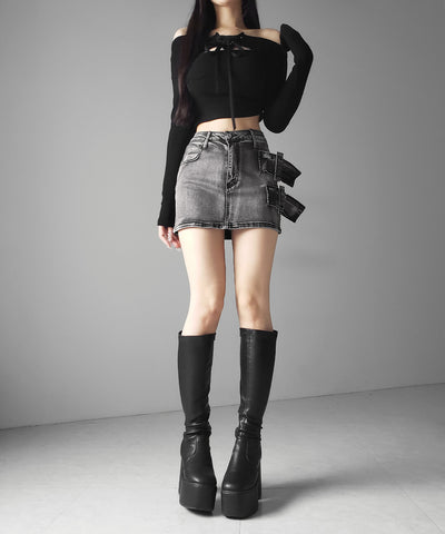 【 インパン裏地付 】ダブルハトメベルトヴィンテージデニムミニスカート ／ Double eyelet belt vintage denim mini skirt