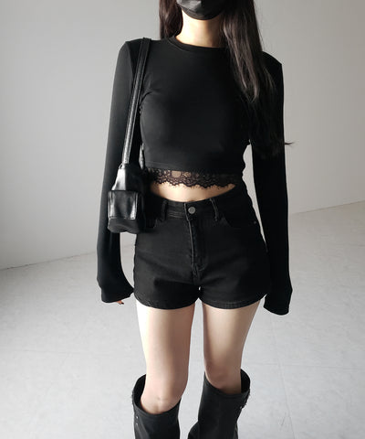 【 裏起毛 】裾レースドッキングショートＴシャツ ／ hem lace docking short Tee