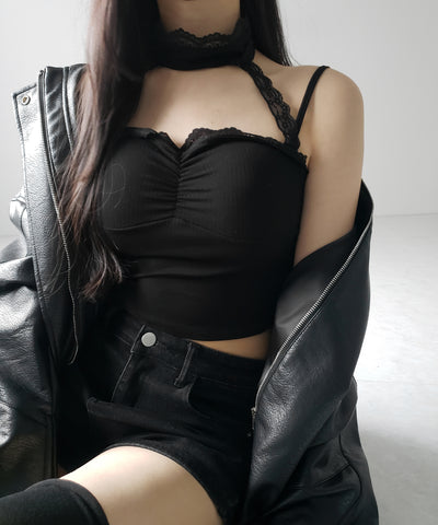 【 ２color ／ カップ付 】レースチョーカーストラップリブキャミソール ／ lace choker strap lib camisole