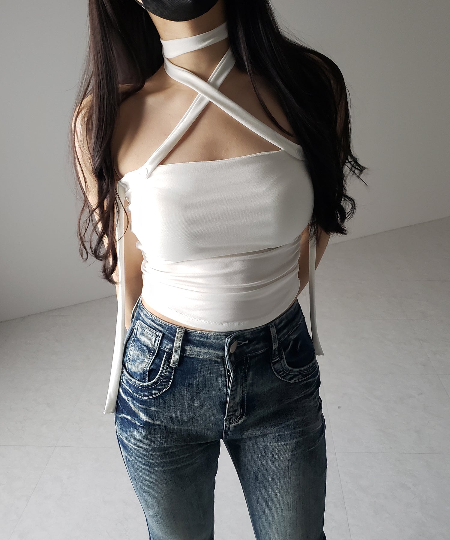 【 ３color ／ カップ付 】ロングチョーカークロスネックキャミソール ／ long choker cross neck camisole