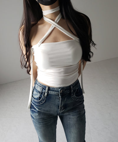 【 ３color ／ カップ付 】ロングチョーカークロスネックキャミソール ／ long choker cross neck camisole