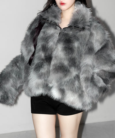 ダブルジップスタンドカラーニュアンスファージャケット ／ double zip stand collar nuance fur jacket